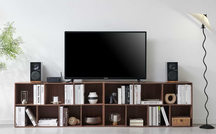 Forsiden af et sort fladskærms-tv i plast placeret på et lavt, mørkebrunt træmøbel med hylder fyldt med bøger og dekorative genstande, flankeret af to kompakte sorte højttalere, en gulvlampe med bøjet stang og en grøn plante i baggrunden
