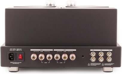 Feliks Audio Arioso 300B amplificatore stereo a valvole, vista posteriore con morsetti per diffusori, ingressi RCA e interruttore rosso