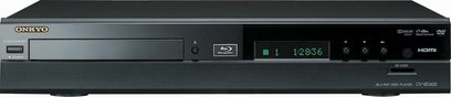 Onkyo DV-BD606 4K Blu-ray-Player, Frontansicht, schwarze Frontblende mit blauer Anzeige, Tasten und Disc-Schacht auf der rechten Seite