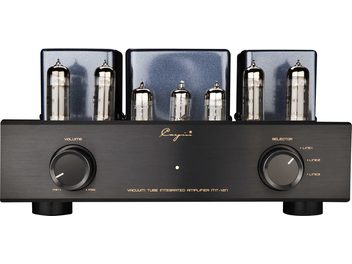 Cayin MT-12N EL84 juodas integruotas stereo lempinis stiprintuvas, priekinis vaizdas su dviem dideliais simetriškais apvaliais mygtukais, centrine indikacine lempute ir vakuuminių lempų eile priešais tris metalinius gaubtus