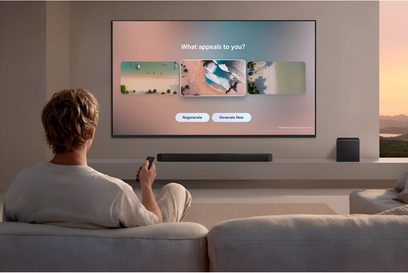 Nástěnný plochý televizor Samsung TMR65R85H 2026 v moderním obývacím pokoji, pohled zezadu s dálkovým ovladačem