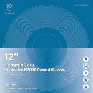 HumminGuru 12-Zoll-Außenhüllen für Vinylplatten, 50er-Pack, blaue Verpackung mit Schallplattenmotiv