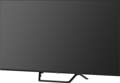 Televisor de alta definición Panasonic TV-55W95BEG negro con marco fino de plástico mate y soporte central metálico rectangular, vista ligeramente de tres cuartos