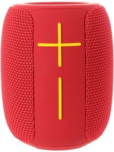 Bluetooth-højttaler Yourban Getone 25 rød, set forfra, cylindrisk form, mesh-stof, gule knapper i krydsform