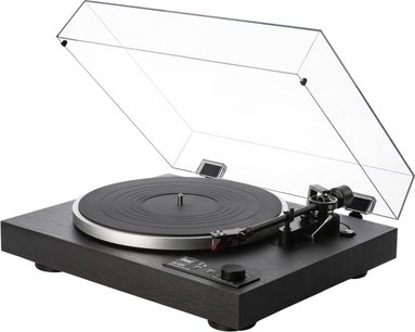 Giradischi hi-fi Dual CS 529 BT nero con telaio in legno testurizzato, piatto metallico argentato, coperchio antipolvere in acrilico trasparente sollevato e braccio di lettura nero a destra, vista di tre quarti anteriore sinistra