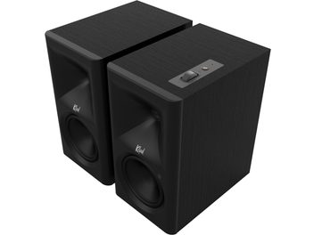 Пара акустичних систем Klipsch The Fives II чорного кольору, вид три чверті, оздоблення чорне дерево та керування на верхній панелі