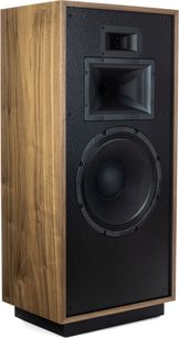 Sloupový reproduktor Klipsch Forte IV v ořechovém provedení, pohled zepředu, dřevěná skříň, černé reproduktory, odnímatelná černá mřížka