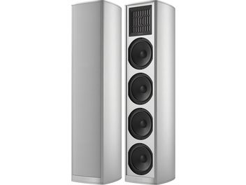 Boxe de podea Piega COAX 811 argintii, carcasă din aluminiu periat cu față cu trei woofere negre și tweeter coaxial cu grilă