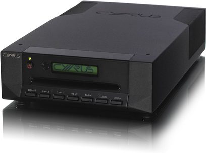 Cyrus CD6 SE2 sort CD-afspiller, frontvisning, grøn "CYRUS"-display, kontrolknapper, mat sort front