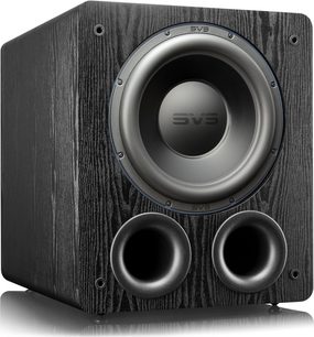 SVS PB-3000 baskabin i sort ask, frontvisning, mørkt træfinish, sort højttaler i midten, to runde bassportåbninger
