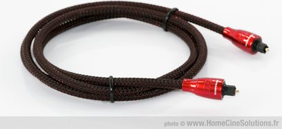 Audioquest Cinnamon digitalt optisk kabel, røde stik, sort og rød flettet kappe, set ovenfra, lige