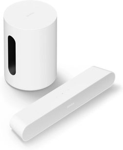 Sonos Ray heliriba ja Mini Sub bassikõlar valgetes värvitoonides, asetatud risti valgele pinnale