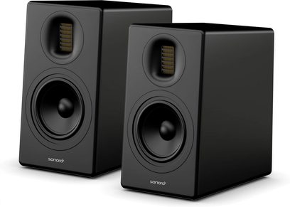 Sonoro Orchestra Slim Gen 2 bogreolhøjttalere i sort, rektangulært kabinet, rund woofer og lodret bånddiskant