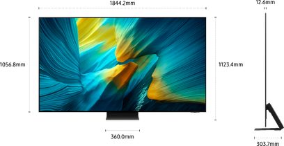 Black TV with ultra-thin metal and glass frame, combined front and right side view, slim 12.6 mm profile, edge-to-edge flat screen, rectangular central stand