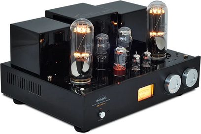 Line Magnetic LM-845IA sort hi-fi rørforstærker, frontvisning, 4 oplyste rør, 2 skalaer, knapper og stik på forsiden