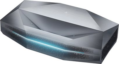 Βιντεοπροβολέας AWOL Vision Aetherion Max σκούρου γκρι χρώματος με γωνιώδη σχεδιασμό, διάτρητη πρόσοψη και μπλε φωτεινή γραμμή