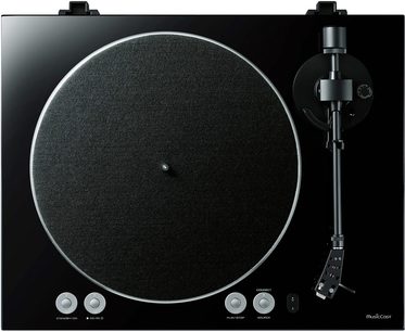 Yamaha VINYL 500 sort pladespiller set forfra, mat sort rund pladespiller, sort tonarm med modvægt og pickup