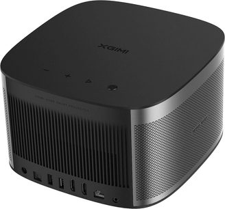 Sort XGIMI Horizon projektor set ovenfra, hvid logo, perforeret ventilationsgitter, kontrolknapper