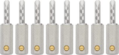 Connettori a banana Wireworld Uni-Term silver, set di 8 connettori audio argentati con corpo zigrinato e vite dorata