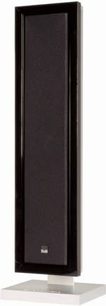 Bowers & Wilkins FPM5 sort gulvhøjttaler, sort, set forfra med akustisk gitter, på gennemsigtig fod, tredjedels vinkel