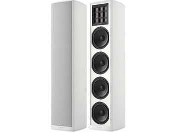 Boxe de podea Piega COAX 811 albe, fațadă cu tweeter coaxial negru și trei difuzoare mari de bass