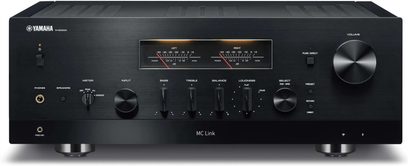 Amplificatore hi-fi stereo Yamaha R-N2000A nero, pannello frontale con manopole, indicatori di livello, presa per cuffie, telaio in alluminio