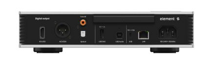 Panel trasero de una caja de audio plateada de aluminio cepillado, con cara negra mate equipada con puertos HDMI tipo IIS-LVDS, XLR AES/EBU, RCA coaxial naranja, óptico TOSLINK, USB-A, USB-B, USB-C, RJ45 y entrada de corriente IEC, vista desde atrás