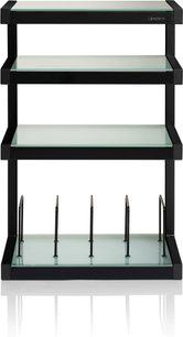 Mobile Hi-Fi Norstone Design Esse hifi vinile nero / frost, vista frontale, 4 ripiani in vetro, struttura nera, supporti verticali