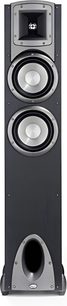 Kolumna głośnikowa Klipsch Synergy F2, widok z przodu, obudowa w kolorze matowej czerni, 2 okrągłe głośniki w kolorze srebrnym, czarny tweeter, zdejmowana czarna maskownica