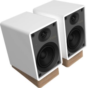 Bezdrátové připojené reproduktory GX-10DB, pohled v perspektivě, bílé skříně, černé přední panely, dřevěné podstavce, 2 kruhové reproduktory