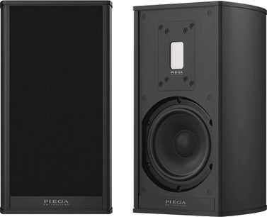 Cassa wireless connessa Piega Premium 301 Wireless Gen2 nera, vista frontale e laterale, griglia anteriore e altoparlante visibile