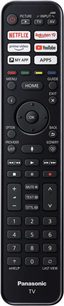 Sort Panasonic fjernbetjening med knapper til streamingtjenester, navigation, tal og standard tv-funktioner