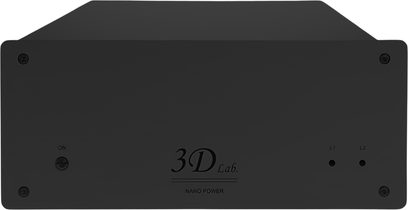 Napájení Hi-Fi 3D Lab Nano Power 1, černá matná kovová skříň, pohled zepředu, tlačítko ON, indikátory L1/L2