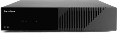 Amplificator de putere high-fidelity SVX-1202, carcasă dreptunghiulară neagră, fațadă netedă cu logo, grile verticale în dreapta