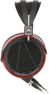Cască hi-fi cu fir deschisă Audeze LCD-2 Padauk, vedere laterală, cupe circulare negre, bandă neagră, conectori audio