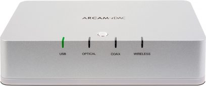 Arcam RDac audio DAC-konverter, lys gråt rektangulært kabinet, 4 bagporte: USB, optisk, koaksial, trådløs, set ovenfra
