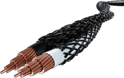 Black braided cable with white plastic sheathing at the ends, terminated with copper connectors, viewed from the side