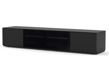 Mueble de TV rectangular negro mate contemporáneo, 2 puertas centrales push-pull, 2 nichos laterales, colocación en el suelo