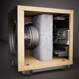 Řez subwooferu MartinLogan Abyss 8 ukazující reproduktor, bílou izolaci a vnitřní elektronické obvody