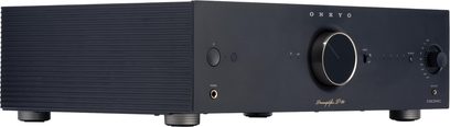 Předzesilovač Onkyo ICON P-80, černý kov, pohled z předního tříčtvrtečního úhlu, velký ovladač hlasitosti, sluchátkový výstup