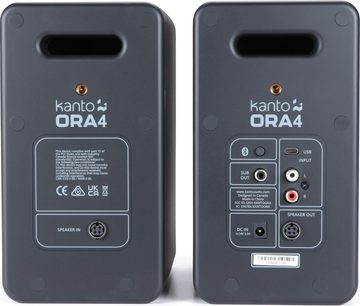 Kanto ORA4 bağlı hoparlörlerin tam arka görünümü, mat antrasit gri plastik gövde, dikdörtgen bas refleks havalandırma delikleri, altın renkli dişli soketler ve USB-C, RCA, Sub Out, Speaker In/Out ve güç bağlantı panelleri ile