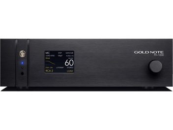 Preamplificatore phono per giradischi Gold Note PH-1000 nero con pannello frontale dotato di schermo digitale, manopola rotante e finiture nere