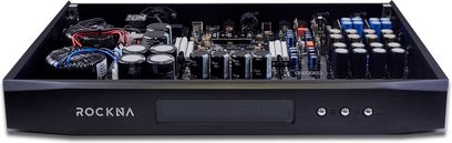 ROCKNA Wavelight PRE/DAC sort stereo-forforstærker, set oppefra, elektroniske komponenter og kontrolknapper