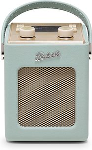 Έξυπνο ηχείο Roberts Mini 2 σε γαλάζιο, ανάγλυφο συνθετικό δέρμα, χρυσή μεταλλική γρίλια, λαβή και δύο ρυθμιστικά, όψη από μπροστά