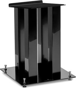 Soporte para altavoz Triangle S03 negro brillante, con columnas verticales, plataforma rectangular y base con puntas de desacoplo