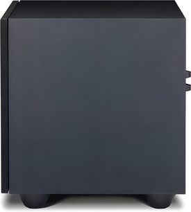 Subwoofer Paradigm Defiance V8 nero satinato, vista frontale, forma cubica, finitura nera opaca, griglia nera rimovibile