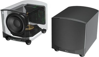 Subwoofer GoldenEar Forcefield 30 in nero satinato, vista esplosa che mostra il cabinet cubico e l'altoparlante circolare