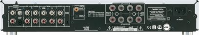 Onkyo A-5 VL sort hi-fi stereforstærker, set forfra, sort front med knapper, stik og LED-display