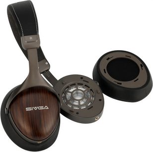Sivga SV021 PRO -hifikuulokkeet, mustat, ruskeat puunsyykuvioiset kupit, korvatyyny irrotettu ja kaiutinelementti näkyvissä