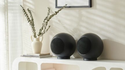 Vista frontale, due diffusori sferici neri in plastica opaca con griglia circolare frontale, posizionati uno accanto all’altro su una mensola bianca accanto a un vaso color crema